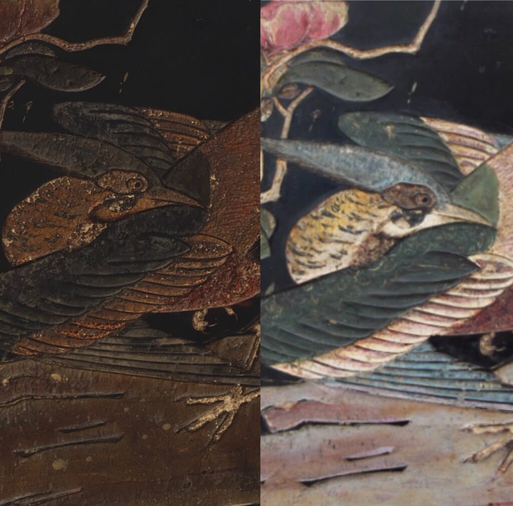 prima e dopo pulitura. pulitura lacche orientali. restauro lacche orientali. lacca orientale. coromandel. kuancai